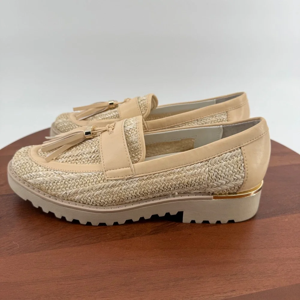 Franco Sarto Carney3 Beige Woven Raffia Tassel Lug Sole Loafers Womens 8M EUR 38